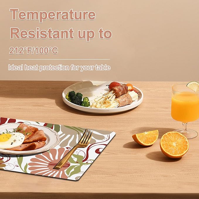 Flower Placemats Set of 4 - Spring Floral Faux Leather Heat Resistant Placemats for Dinner Table, Non-Slip Waterproof Oil-Proof Washable Reusable Placemat for Indoor Outdoor Kitchen, 15.75In*11.81In