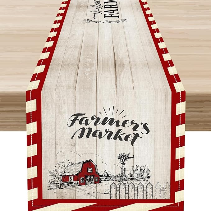 Farmhouse Table Runner, Rustic Country Barn Cottage Rooster Check Animal Plank Coffee Table Center Decor for Home Kitchen Dining Patio Holiday Party Indoor Outdoor Table Decorations 13"x90"