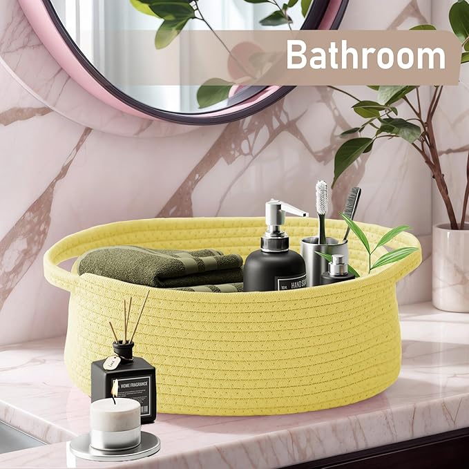 Woven Basket,Small Rope Storage Bin with Handles & Ribbon Bag, Organizer for Shelves Closets,Gift Basket Empty for Birthday,Books,Dog Toys, Yellow/2 Pack