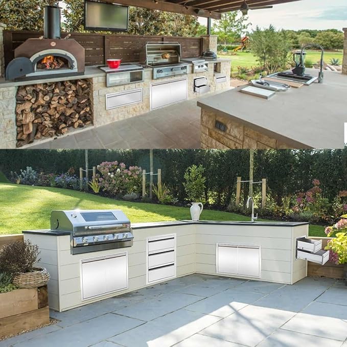 Extra-Larger 30" W Outdoor Kitchen Drawer Stainless Steel BBQ Single Drawer w/Divider Flush Mount for Outdoor Kitchen Island(Overall Size:30" W x 10" H x 23" D inch)