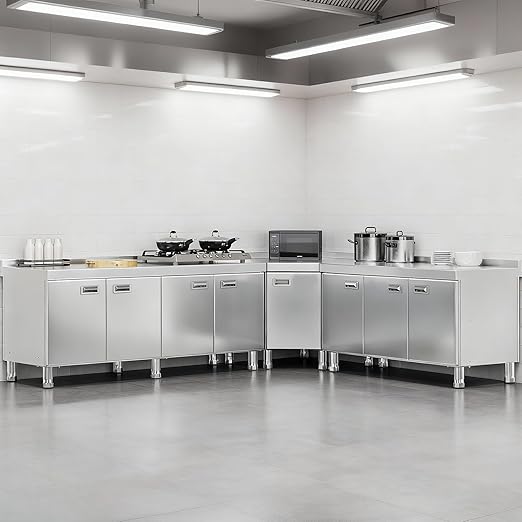 KINGBO Stainless Steel Corner Cabinet Heavy Duty Prep Table with 304 Stainless Steel Worktop Commercial Worktable Workbench with Storage Cabinet for Kitchen Garage Restaurant Outdoor