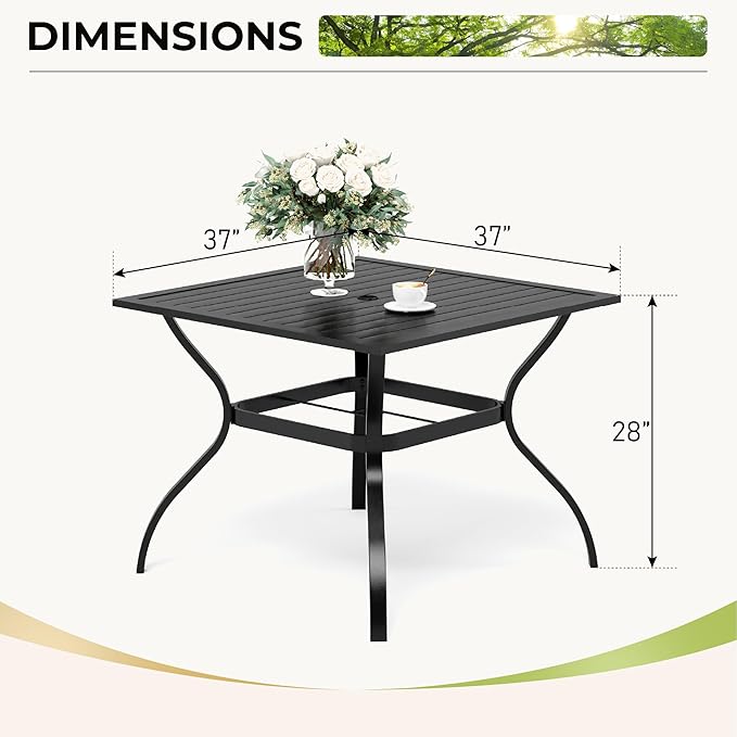 Outdoor Patio Square Dining Table, 37"x 37" Metal Slatted Tabletop with Adjustable Umbrella Hole, All Weather Wrought Iron Black Outdoor Table for Deck Lawn Garden Backyard, Black