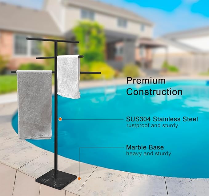 Marble Base Outdoor Standing Towel Rack for Swimming Pool, Hot Tub Or Spa, 304 Stainless Steel 6 Arms Standing Towel Sheet Holder Blanket Drying Rack Matte Black