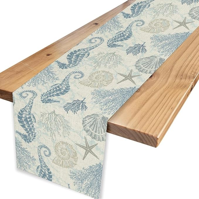 Nautical Table Runner, Summer Coastal Starfish Seashells Coral Seahorse Tropical Ocean Beach Blue Farmhouse Coffee Table Center Decor for Home Kitchen Dining Indoor Outdoor Table Decorations, 13"x72"