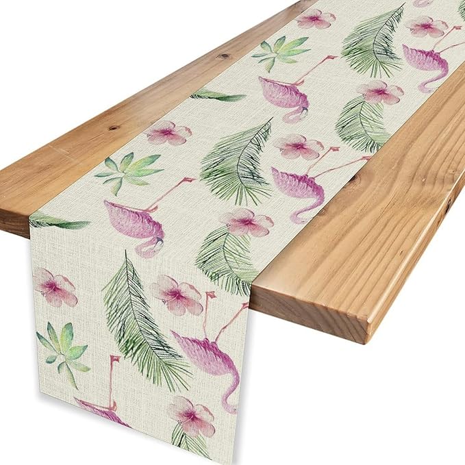 Flamingo Table Runner,Spring Summer Tropical Floral Green Palm Leaves Hawaiian Luau Watercolor Table Center Decor for Family Kitchen Living Room Farmhouse Party Table Decorations, 13"x108"