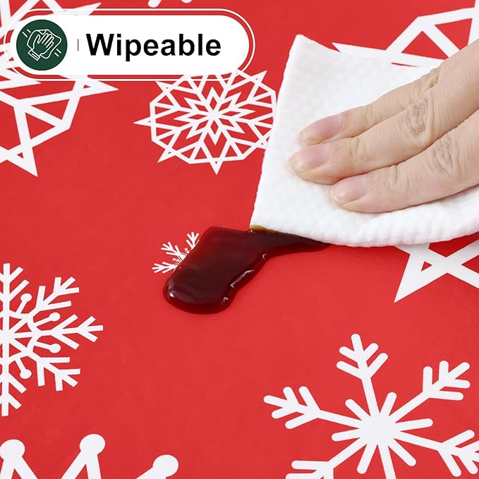 misaya Rectangle Waterproof Vinyl Table Cloth, Wipeable Tablecloth with Flannel Backing, Plastic Table Cover for Dinner, Christmas Party (Red Snowflake, 60" x 84")
