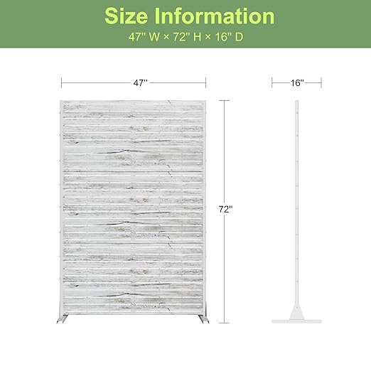 Casaphoria 72" H x 47" W Metal Outdoor Privacy Screen, Freestanding Decorative Divider for Patio, Deck, Balcony, and Garden with Stable Base, White-Veneer
