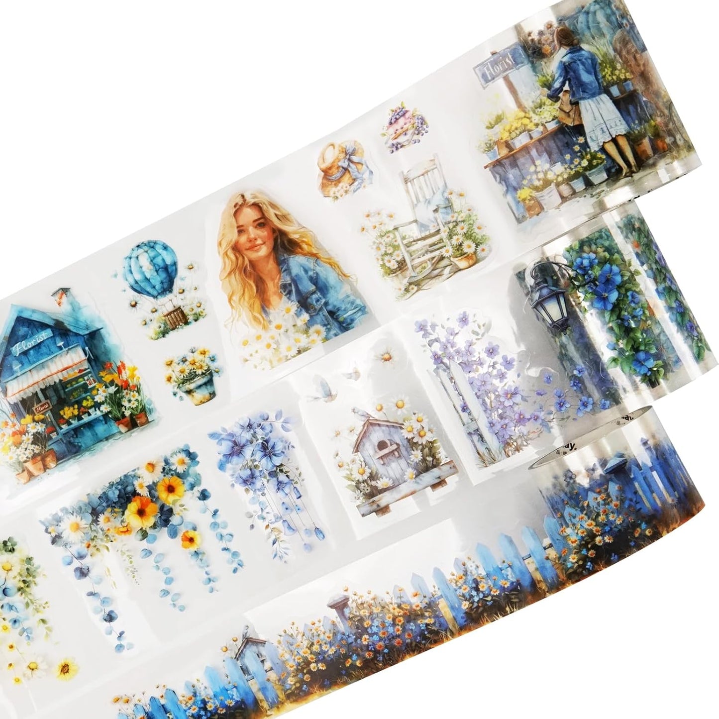 Daisy Fence PET Tape Set, 3 Rolls Pre-Cut Floral Stickers for Scrapbooking, Journaling, DIY Crafts, and Collage Art (30 mm/50 mm/55 mm)