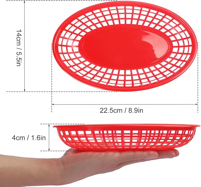 90 Pcs 9 x 5.7 Inch Reusable Oval Fast Food Baskets, Sturdy Plastic Serving Baskets for Fast Food, Parties, Picnics, BBQs and Snacks, by KUKLIPJIM.(Red)