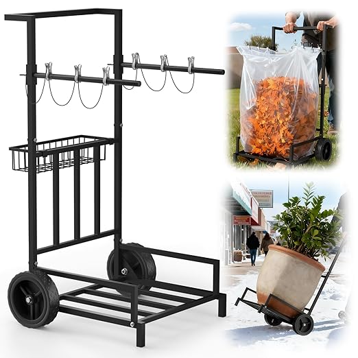 2-in-1 Leaf Bag Holder Cart & Hand Truck Dolly, Heavy Duty Garden Trash Bag Stand with 7" All-Terrain Wheels, 200lbs Capacity, Anti-Loss Clips & Utility Basket for Yard Work, Moving, Camping