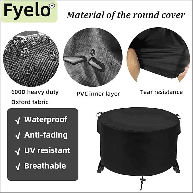 Round Fire Pit Cover 36" Dia X 24" H, 600D Strong Tear Resistant, Waterproof & UV Resistant Outdoor Cover, Fit for 33",34" ,35",36" Round Gas Firepits, Fire tables or Fire bowls, Black