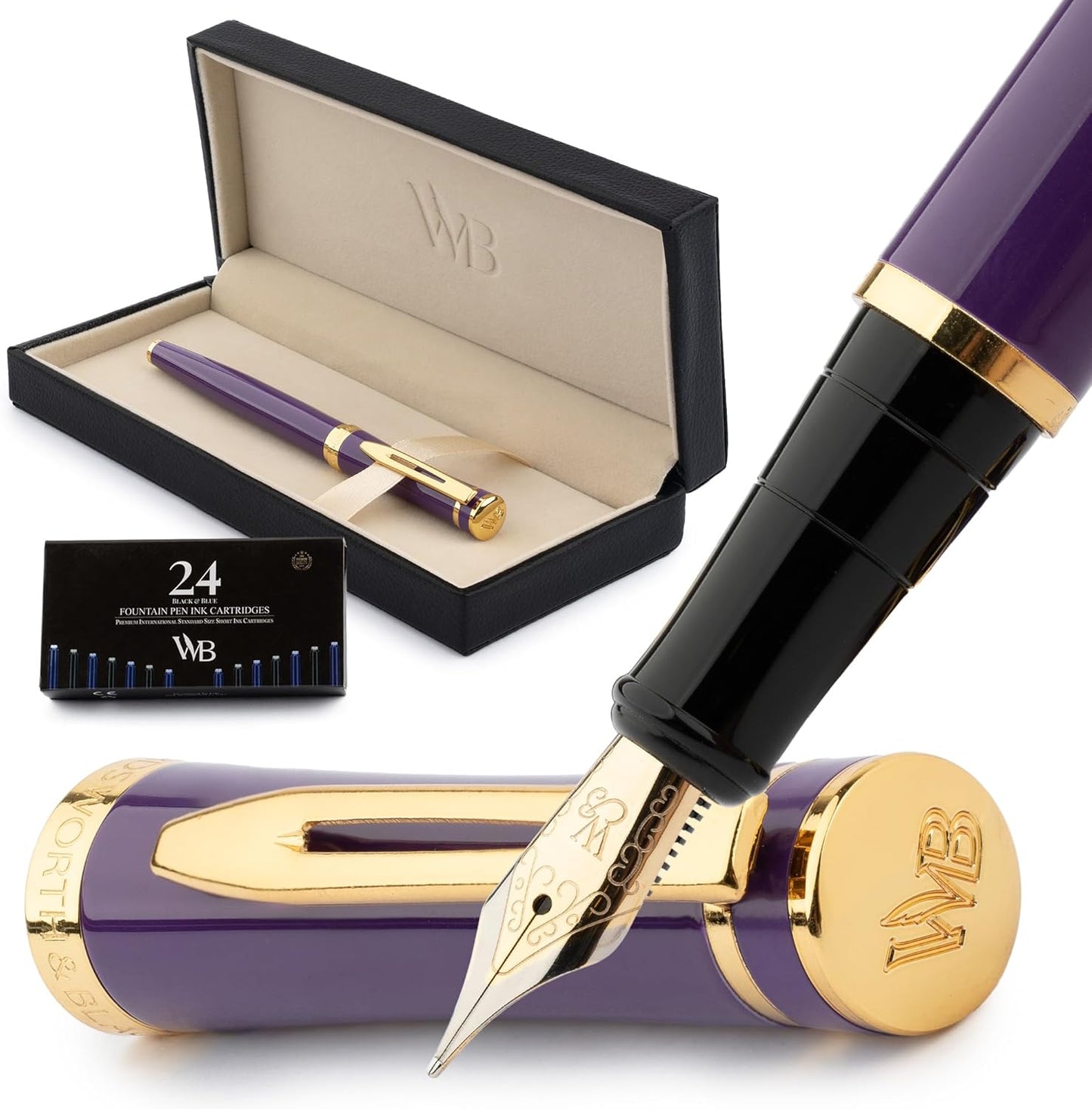 Wordsworth & Black Fountain Pen Set, Medium Nib, Includes 24 Ink Cartridges and Ink Refill Converter, Gift Case, Journaling, Calligraphy, Smooth Writing Pens [Velvet Purple] Perfect for Men and Women