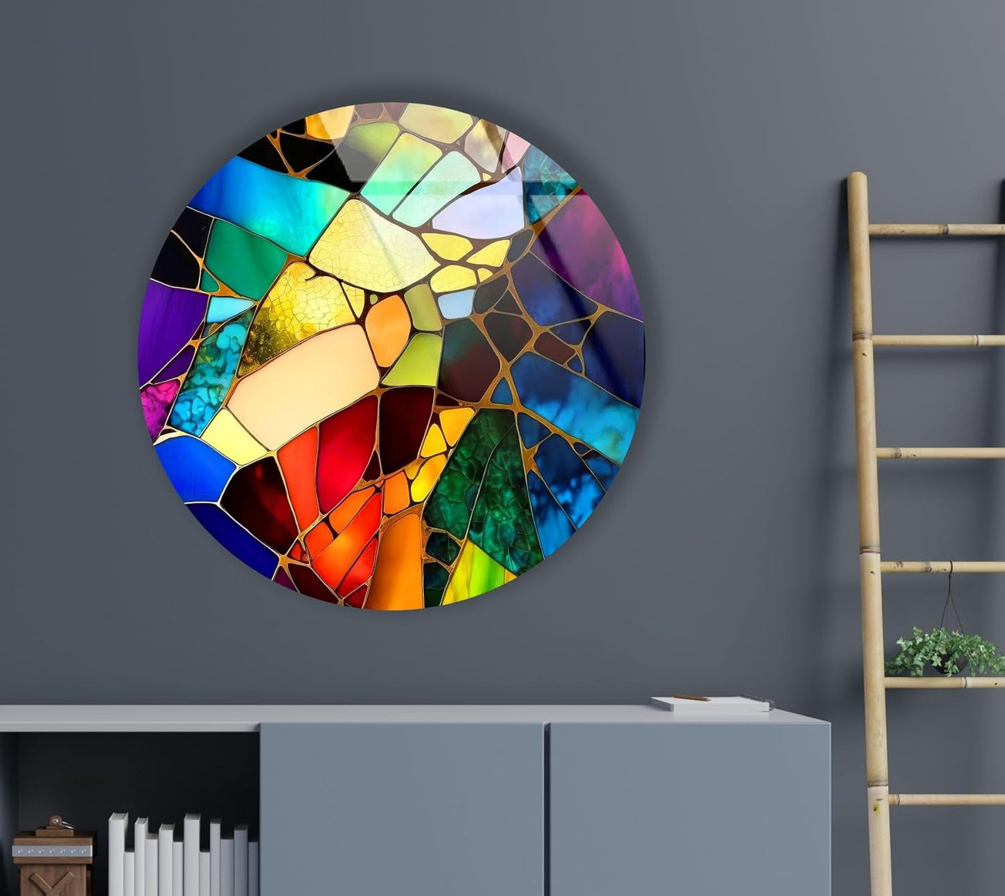 My Photostation.com 10''(25cm) Diameter Multicolor Round Stained Glass Wall Art Vibrant Mosaic Abstract Panel Tempered Glass Printing Wall Decor Large Wall Art Wall Hangings
