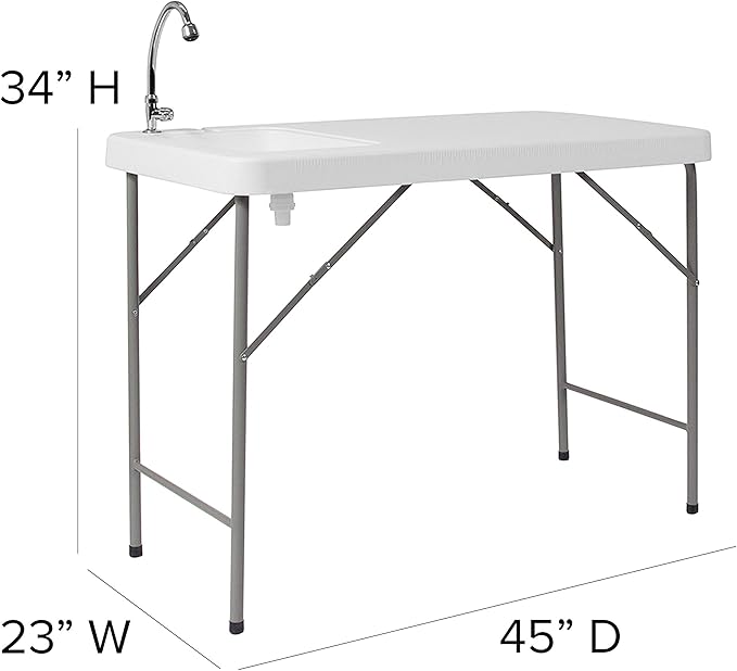 Flash Furniture Wesley 4' Portable Fish Cleaning Table with Sink, Outdoor Portable Folding Camping Sink Table with Faucet, and Hose Attachment, White