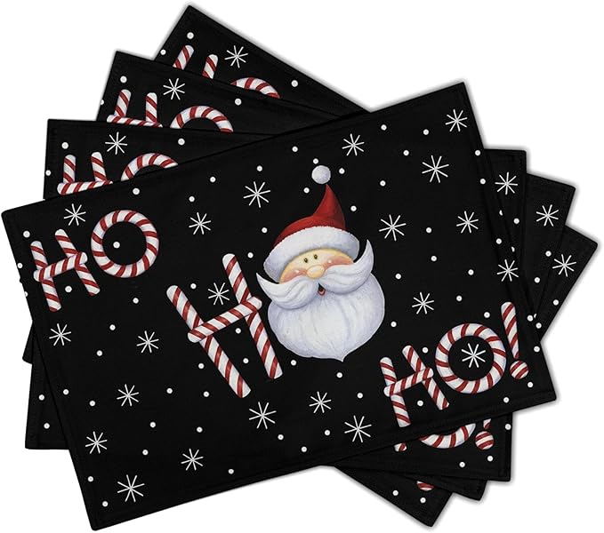 Giwawa Christmas Placemats Set of 4, Santa Claus Laugh Winter Snowflake Black Table Mat 12x18 Inch, Xmas Sweet Candy Cane Stick Heat Resistant Washable Place Mats for Dining Kitchen Holiday Decor
