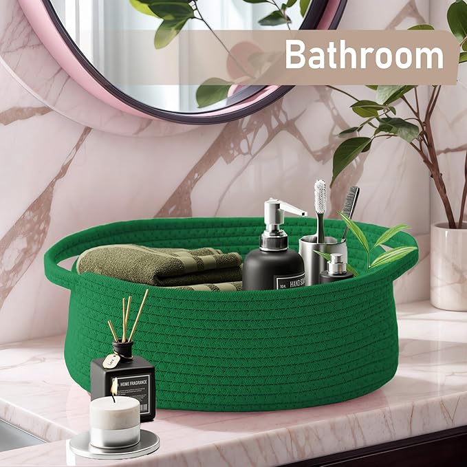 Woven Basket,Small Rope Storage Bin with Handles & Ribbon Bag, Organizer for Shelves Closets,Gift Basket Empty for Birthday,Books,Dog Toys, Green/3 Pack