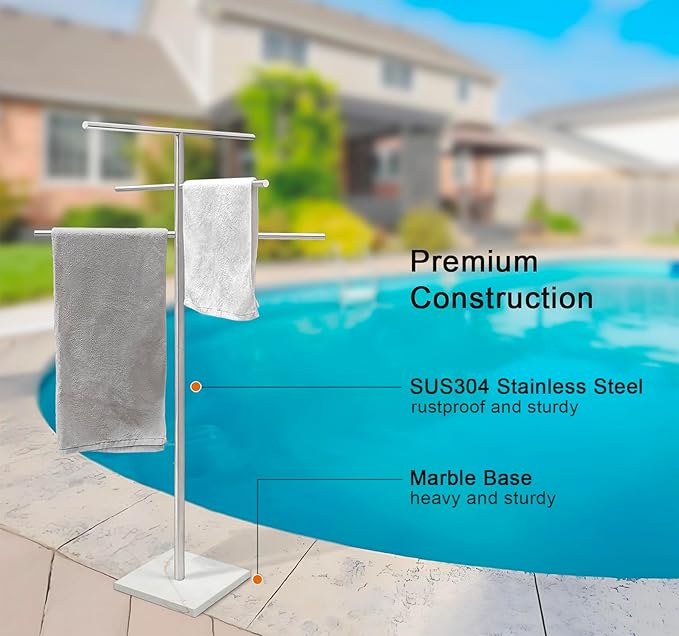 Marble Base Free Standing Hot Tub Towel Rack for Spa, 304 Stainless Steel 6 Arms Standing Towel Sheet Holder Drying Rack Brushed Nickel