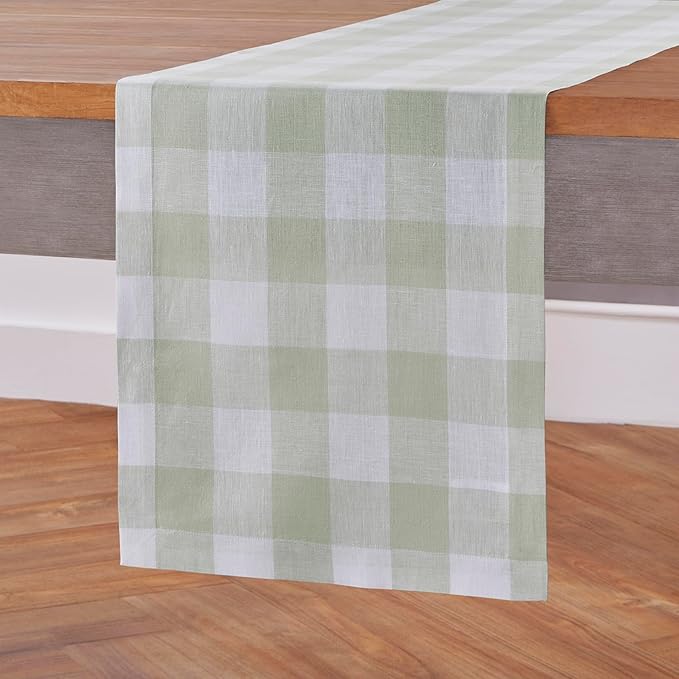 Solino Home Linen Checkered Table Runners 72 Inches Long - 100% Pure Linen Sage and White Buffalo Check Table Runner 14 x 72 Inch Ideal for Dresser, Dining, Winter, Spring, St Patricks Day, Easter