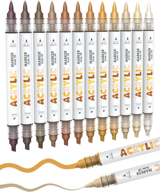 Guangna 12 Brown Dual Tip Acrylic Paint Markers, Brush Tip & Chisel Tip Acrylic Paint Pens for Rock, Wood, Glass, Paper, Coloring Book, Ceramic, Canvas, Water-Based Ink