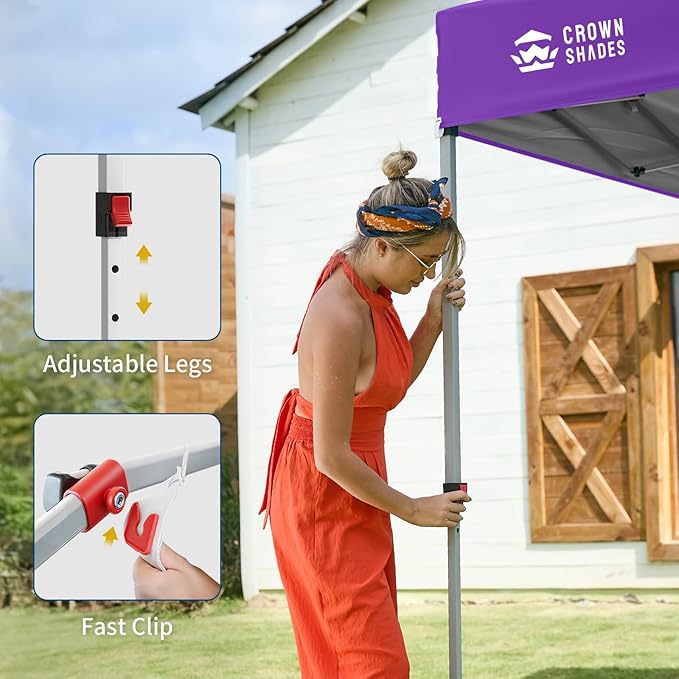 CROWN SHADES 10x10 Pop Up Canopy with 1 Side Wall - Beach Tent with One Push Setup - Outdoor Sun Shade for Events, Parties, Camping - Gazebo with STO-N-Go Cover Bag (Purple)