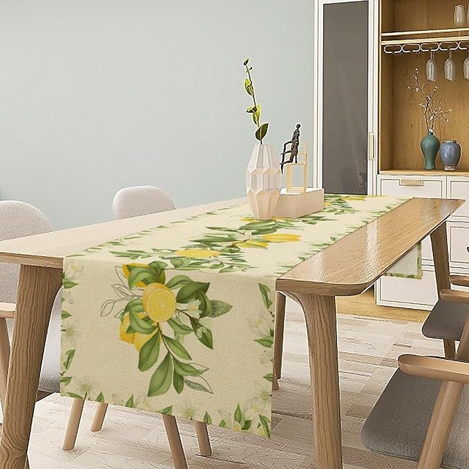 Summer Lemon Table Runner, Spring Blooming Lemon Tree Branches Bouquets Yellow Green Leaves Table Runner for Farmhouse Home Dining Kitchen Table Party Decor, 13x120inch