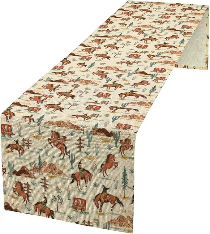 Western Cowboy Table Runner,Vintage Farmhouse Country Cowboy Horse Cactus Desert Print Table Runner for Kitchen Dining Table Holiday Home Party Decor 13x108in
