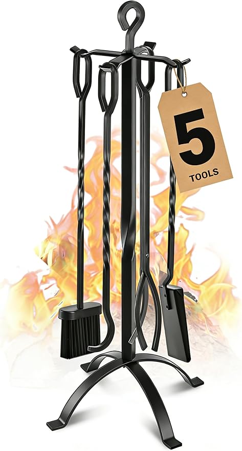 Gtongoko Fireplace Tools Set 5 Pieces 32 Inch Modern Black Wrought Iron Large Fire Tool Set for Outdoor/Indoor Include Chimney Poker, Tongs, Shovel, Brush and Stand Accessories Set