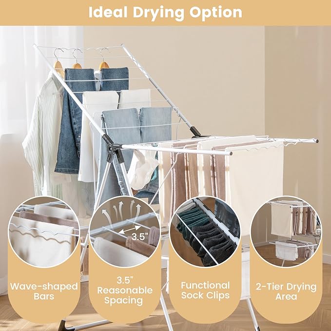 GOFLAME Clothes Drying Rack, 2-Tier Folding Laundry Drying Rack with Height-Adjustable Wings, 33 Drying Rails, Middle Sock Clips, Side Wave-shaped Bars, Freestanding Laundry Hanger, No Assembly Needed