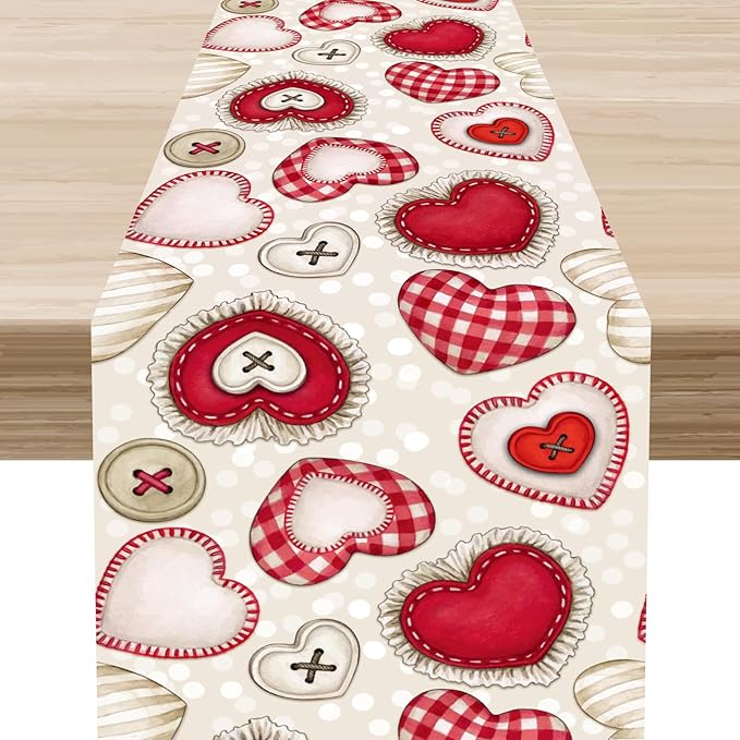 Red Heart Table Runner,Retro Rustic Beige Heart Buttons Polka Dot Valentines Decorations Decor for Family Kitchen and Living Room Outdoor Farmhouse Party Table Decorations, 13"x72"