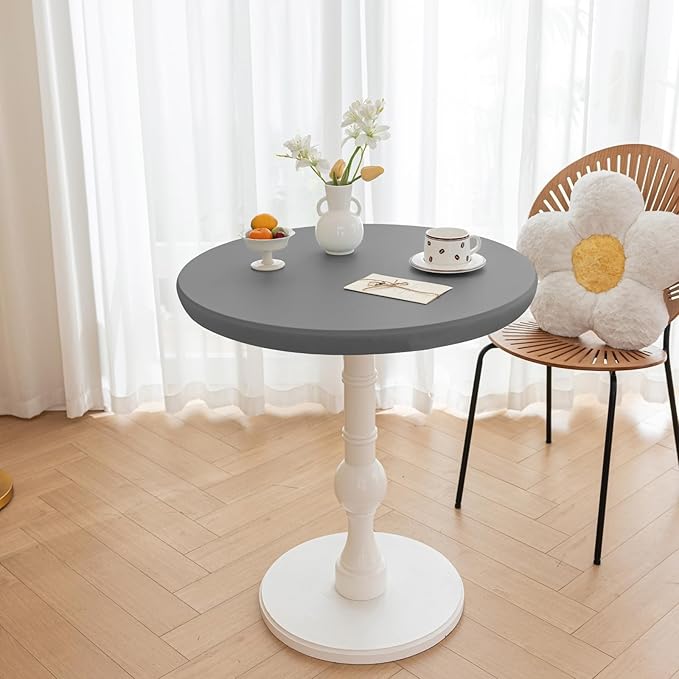 Round Fitted PU Tablecloth with High Elastic Edge 51 Inch Dia Waterproof Oil Proof Table Cloth Anti-Scald Stain-Resistant Wipeable Table Cover for Indoor Outdoor Picnic (Light Grey,51" Dia)