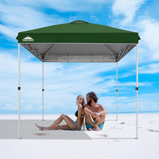 EAGLE PEAK Pop Up Canopy Tent with Wheeled Carry Bag, 8 Stakes, 4 Ropes, Easy Set Up Tent Canopy, 8x8 ft, Green