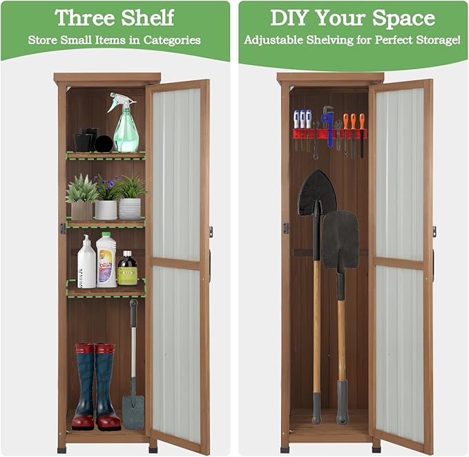 PetsCosset 62" H Narrow Outdoor Storage Cabinet with Metal Top, Outdoor Indoor Storage Cabinet Waterproof with Adjustable Shelves for Corner, Patio, Garden, Porch, Laundry Room or Entryway Storage