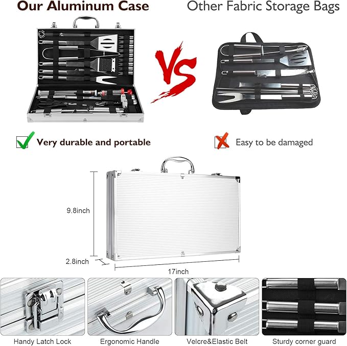 Grill Set, Grilling Gifts for Men, 34PCS BBQ Tools Accessories for Outdoor Grill with Aluminum Case, Spatula,Tongs &Skewers,Smoker Accessories for Birthday, Dad, Wedding