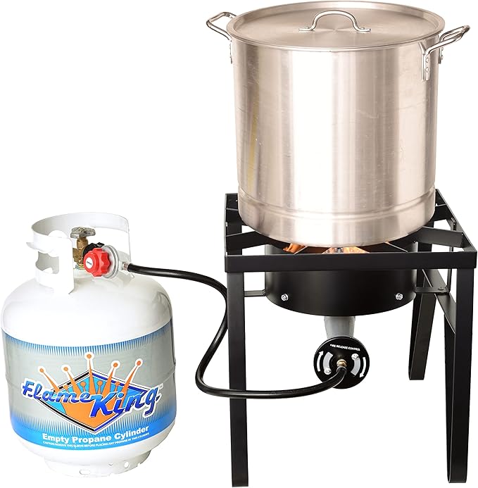 Flame King Heavy Duty 200K BTU, 0-20 PSI, Propane Gas Single Burner Bayou Cooker Outdoor Stove for Home Brewing, Turkey Fry, Maple Syrup Prep, Cajun Cooking, Black