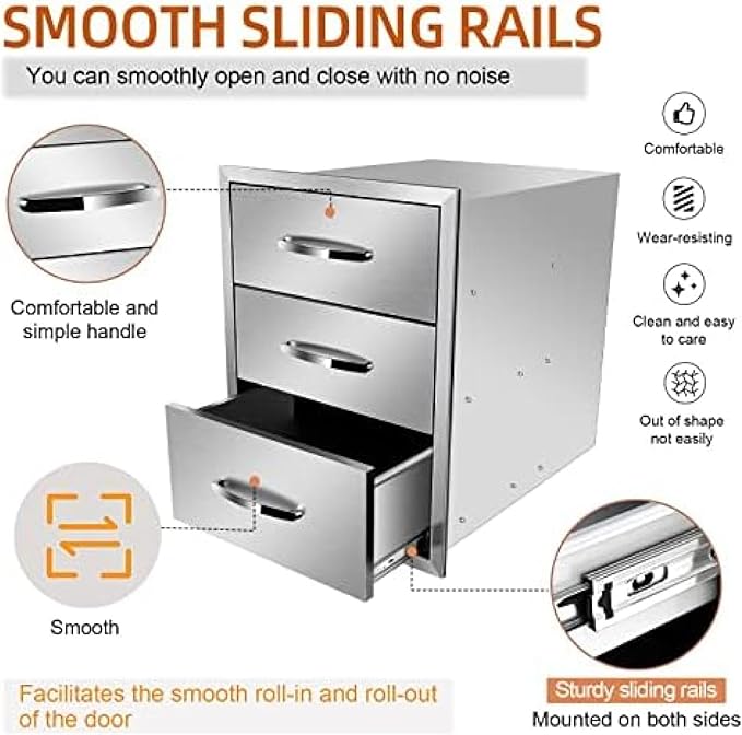 Stainless Steel Outdoor Kitchen Drawers - 3-Drawer BBQ Drawer, Built-in, Flush Mount for Outdoor Kitchens & BBQ Islands, 18Wx23Dx24H