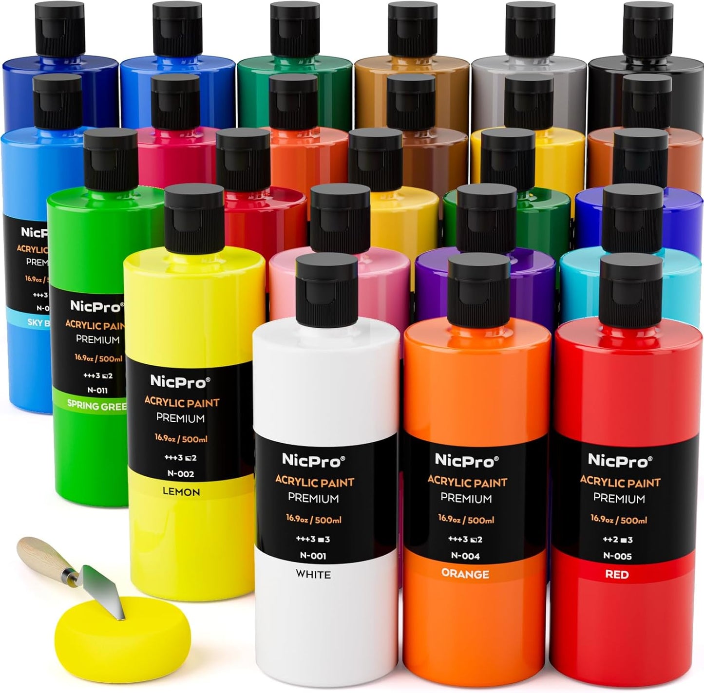 Nicpro 24 Colors Large Bulk Acrylic Paint Set (16.9 oz/500 ml), Rich Pigments Non Toxic, Bulk Painting Supplies for Artist Beginners on Canvas, Wood, Rock, Glass, Ceramic, Crafts with Color Wheel