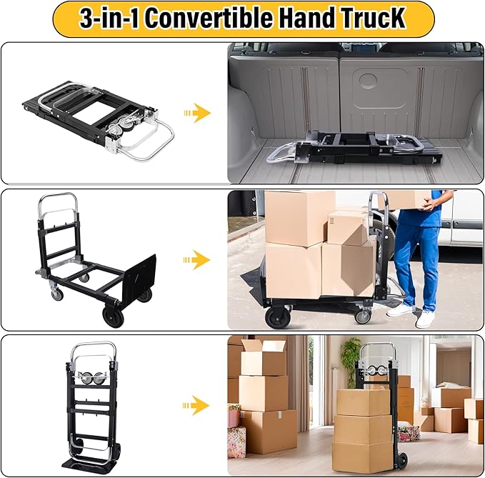Upgraded 3 in 1 Folding Hand Truck, 600lbs Capacity, Heavy Duty Convertible Dolly with Retractable Handle and 4 Rubber Wheels, Collapsible Cart for Moving Home, Office, Warehouse (Black)