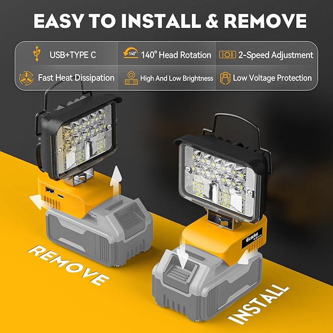 Ecarke Cordless Handheld Flashlight for DeWalt 18V/20V: LED Work Battery Light - 20W 2000LM Tools for Working in Dark Environments,Outdoor,Fishing,Gift,Job Site&Security Lighting(Only Tool)