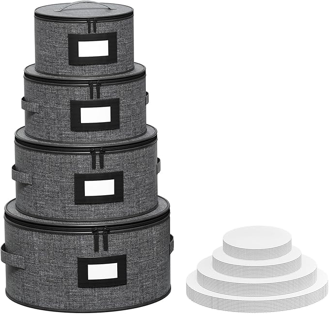 Aokeyee 4 Pcak China Storage Containers, Hard Shell Plates Storage Box with 48 Soft Divider for Saucer, Dessert, Salad, Dinner, Sturdy Quilted Stackable Dish Organizer for Moving & Protection, Grey