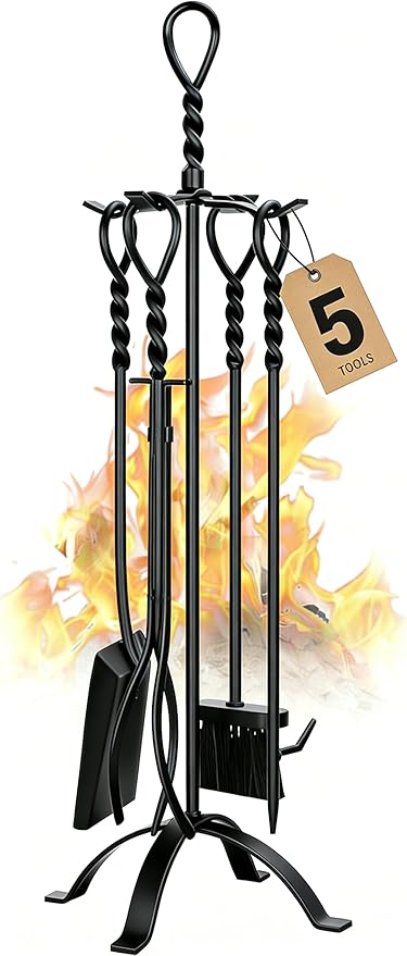 Gtongoko 35 Inch Fireplace Tools Set 5 Pcs Black Wrought Solid Iron Large Fire Tool Set for Outdoor/Indoor Include Chimney Poker, Rustic Tongs, Shovel, Antique Brush and Stand Accessories Set
