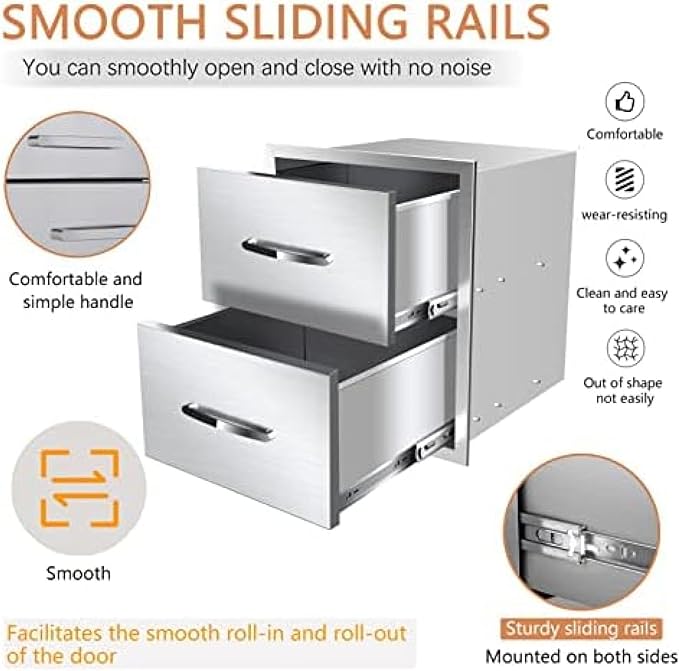 Stainless Steel Outdoor Kitchen Drawers - 3-Drawer BBQ Drawer, Built-in, Flush Mount for Outdoor Kitchens & BBQ Islands, 18Wx23Dx23H-2L