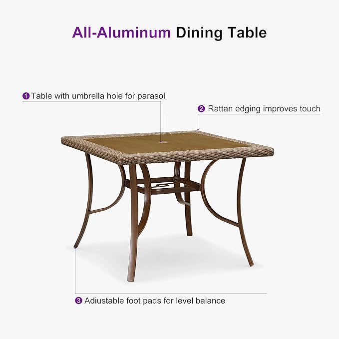 PURPLE LEAF Outdoor Dining Set for 4 All Weather Wicker Patio Dining Set with Hand-Woven Rattan Swivel Dining Chais and Rectangular Aluminum Table for Balcony Porch Small Patio