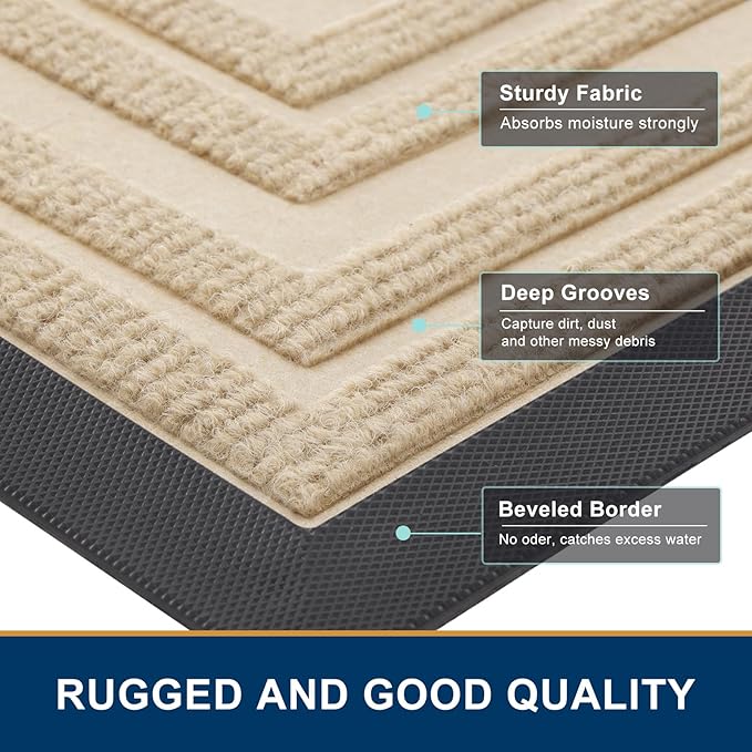 Buganda Front Door Mat Indoor Outdoor Entrance, Non-Slip Natural Rubber Doormats, Easy Clean, Low Profile, Dirt Trapper Entryway Floor Mats for Outside, Garages and Patios, 36x24, Beige