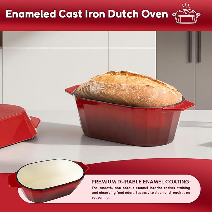 Enameled Cast Iron Dutch Oven for Bread Baking – 3QT Oval Round Heavy Duty Bread Pan with Lid, Non-Stick Ceramic Coating,Loaf Cast Iron Bread Oven for Sourdough, Baking, Roasting, Braising, Stovetop & Oven Safe