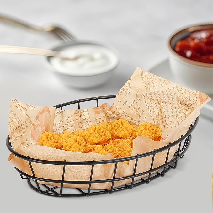 10 Pack Metal Fast Food Oval Baskets, Wire Bread Basket for Serving, Reusable Chip Burger Fruit Vegetables Bowl Storage for Kitchen Table, Restaurants, Snack Bar, 9.5" x 6.3" x 2"