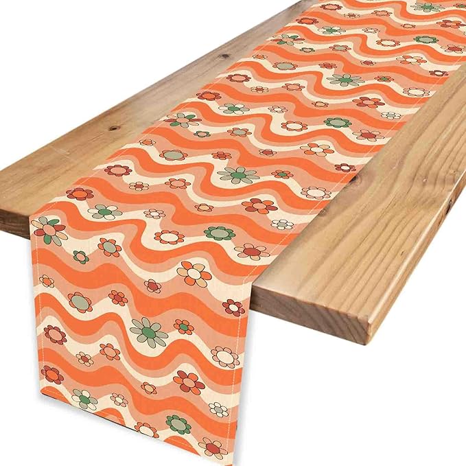 70s Table Runner, Retro Groovy Hippie Daisy Floral Orange Wave Funky Trippy Coffee Table Center Decor for Home Kitchen Dining Patio Holiday Party Indoor Outdoor Table Decorations, 13"x90" Inch