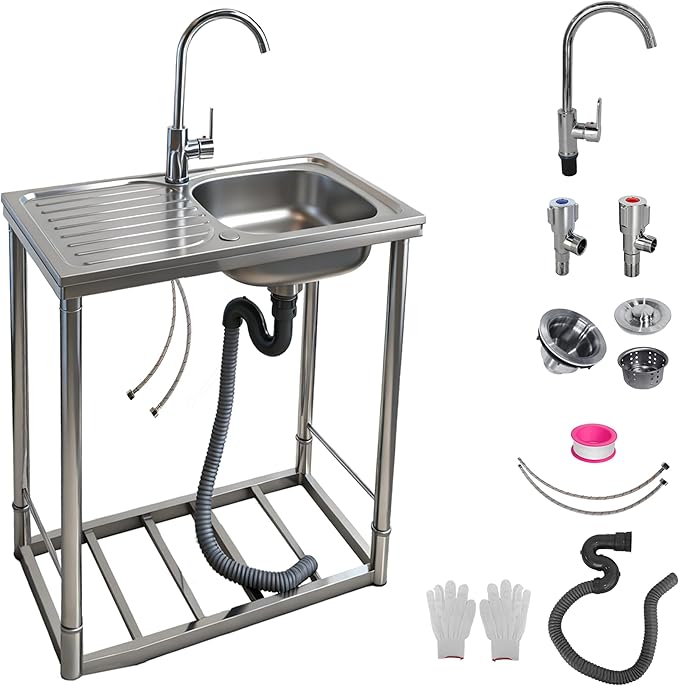 Outdoor Sink with Hose Hook Up, Free Standing Stainless Steel Utility Sink, Single Bowl Portable Sink Hand Wash Station for Camping, Backyard, Garden, Kitchen, Garage