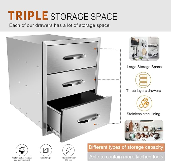 Outdoor Kitchen Drawers, Flush Mount Triple Access BBQ Drawers With Stainless Steel Handle, BBQ Island For BBQ Island Patio Grill Station,Three Drawers