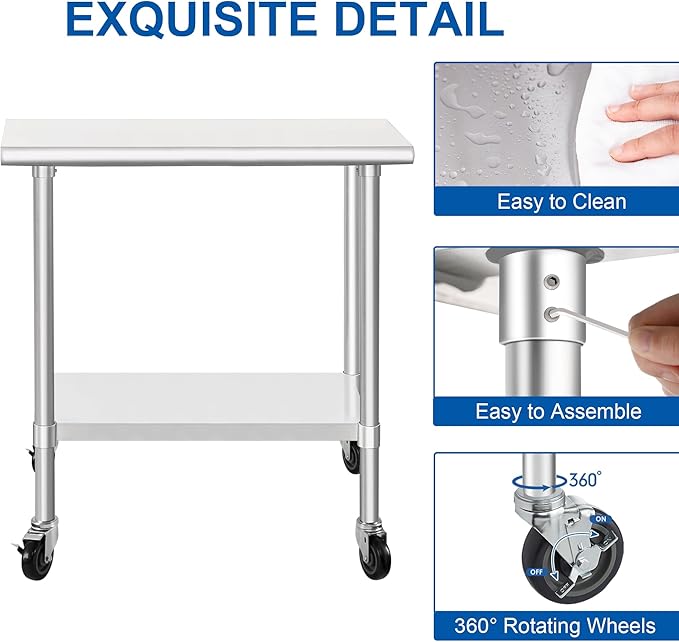 HARDURA Stainless Steel Commercial Table Prep & Work Table with Casters Heavy Duty Metal Table with Wheels NSF 430 14×30 Inches