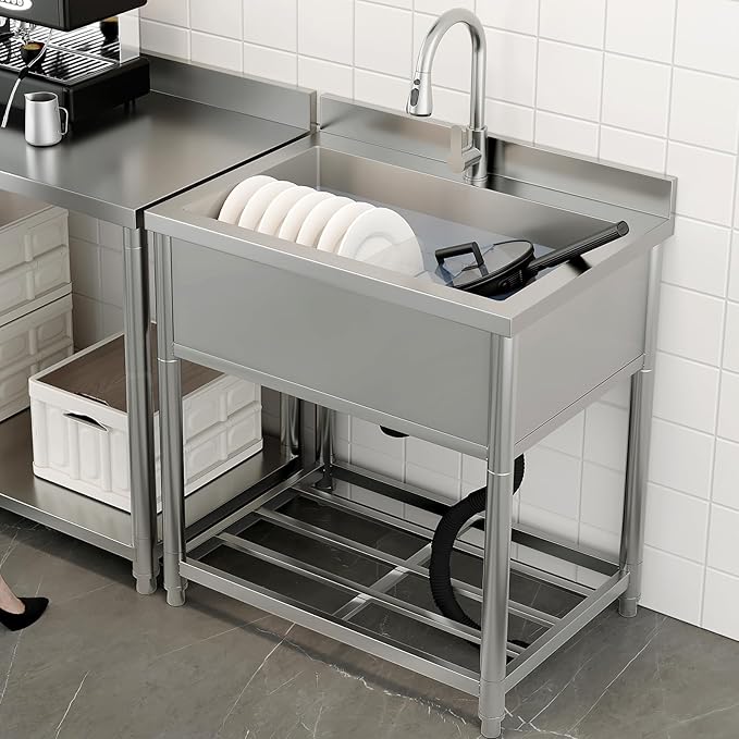 Stainless Steel Utility Sink, Large Freestanding Kitchen Sink with Pull-out Faucet for Commercial Restaurant, Bathroom, Laundry Room, Garage, Outdoor/Indoor, Pet Cleaning, D21.65 x W27.55 x H36.61 in